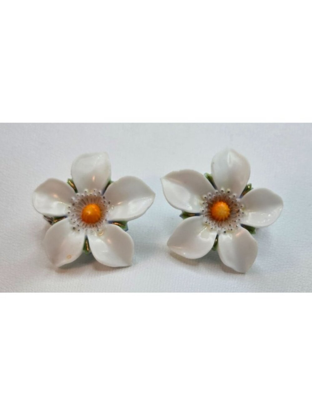 Vintage White Floral Clip-On Earrings Handcrafted Porcelain With Yellow & Green